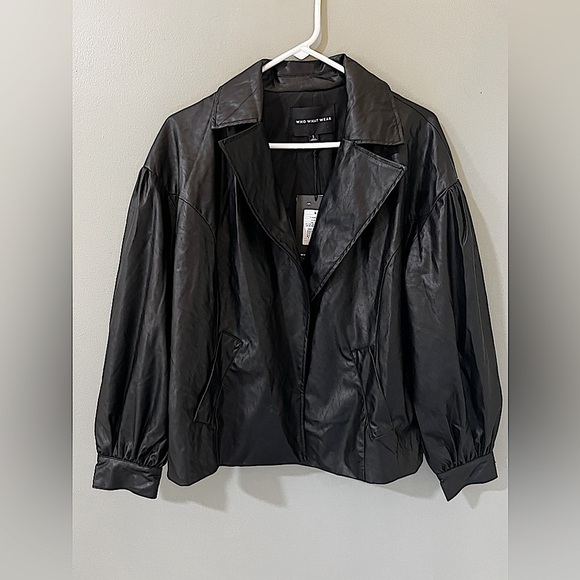 Who What Wear Faux Leather Jacket small Black Open Biker Sweater Wide Sleeves - Picture 1 of 5